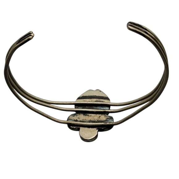 Fleur-de-lis Open Bangle Bracelet Hencho Mexico Inlaid Turquoise VTG SilverTone - Picture 10 of 10